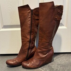 Miz Mooz West tall boot in cognac brown leather with a hidden wedge heel